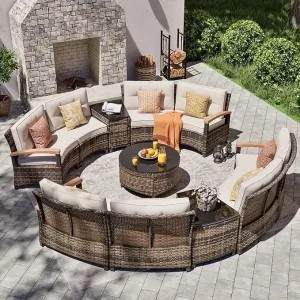 Outdoor Patio Furniture Set, Half-Moon Curved Sectional Rattan Sofa