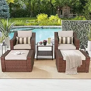 Patio Conversation Furniture Set, Brown Wicker Lounge Chairs with Ottoman Footrest, Coffee Table