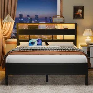 Queen Size Bed Frame with LED Light and Charging Station, Headboard/Storage with Shelves