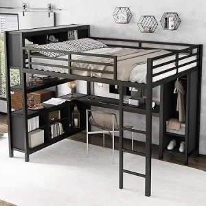 Queen Size Loft Bed with L-Shaped Desk and Wardrobe