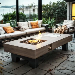 Outdoor Rectangular Propane Fire Pit Table with Rain Cover
