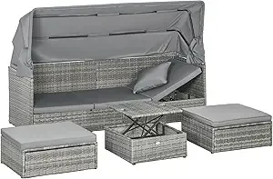 Outdoor Patio Sectional Furniture Set with Cushions, Rattan Daybed with Retractable Canopy