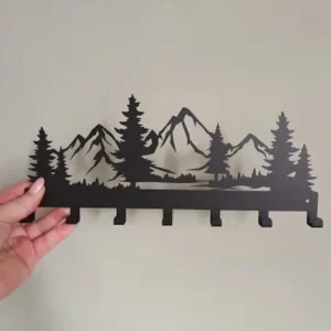 Mountain Landscape Metal Wall-Mounted Key Holder and Organizer Rack with 7 Hooks.