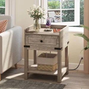 Farmhouse End Table with Storage Shelf Charging Station