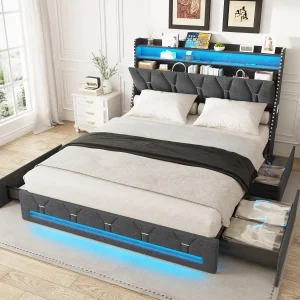 Queen Size Bed Frame with Headboard, with Power Strip and Lighting