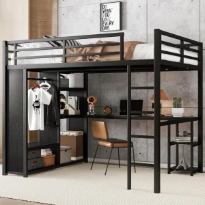 Queen Loft Bed with Desk and Storage Shelves